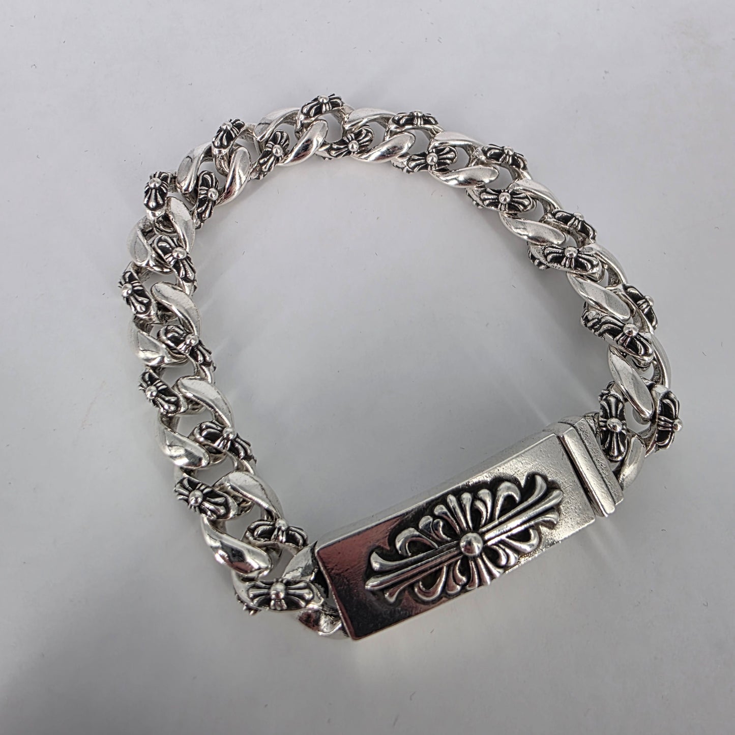 Chrome Hearts 925 Sterling Silver Bracelet - Floral Cuban